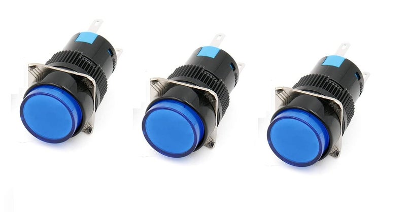 KAMCON 16mm Push Button Switch Momentary Round Cap LED Lamp Red YellowBlueGreen Light DC 24V SPDT 5 Pin 3 Nos of Blue - Image 1