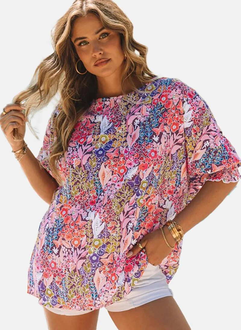 YUNIQEE Pink Printed Elbow Length Sleeve Round Neck Tunics