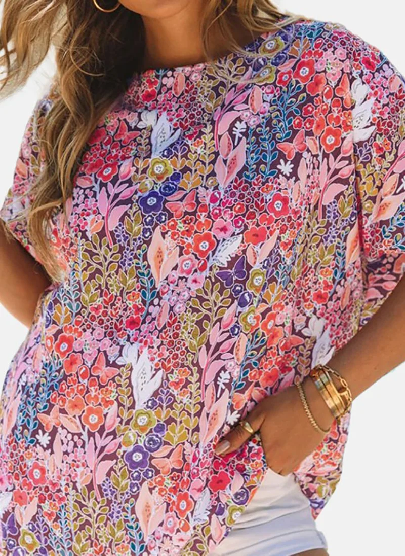 YUNIQEE Pink Printed Elbow Length Sleeve Round Neck Tunics