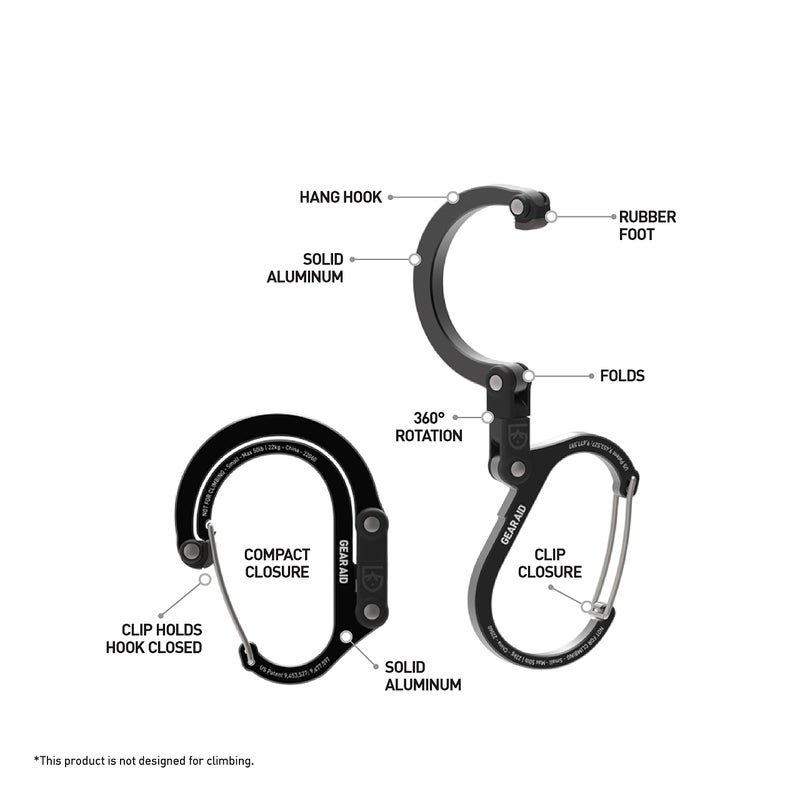GEAR AID HEROCLIP Carabiner Clip and Hook (Small) For Purse, Stroller, and Backpack, Stealth Black - Image 3