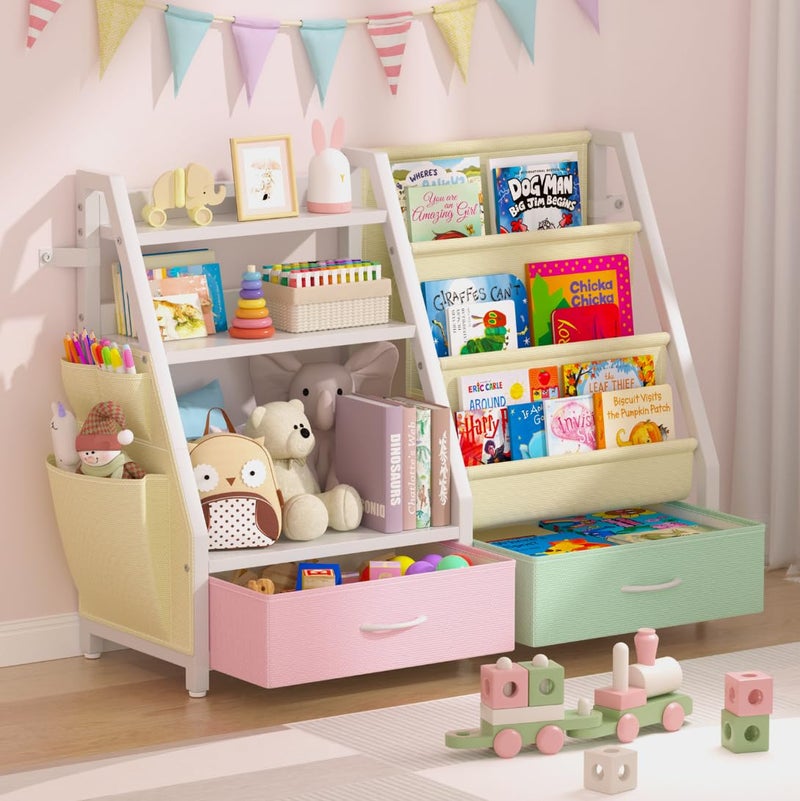 Twinkoo Kids Bookshelf and Toy Storage, Sturdy 3 Tier Kids Bookcase, Sling Bookshelf and 2 Toy Boxes, Toddler Montessori Bookshelf with Toy Organizer, for Kids Room, Game Room, Nursery - Image 1