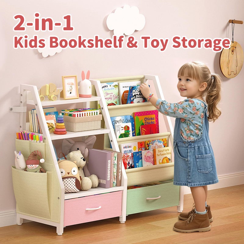 Twinkoo Kids Bookshelf and Toy Storage, Sturdy 3 Tier Kids Bookcase, Sling Bookshelf and 2 Toy Boxes, Toddler Montessori Bookshelf with Toy Organizer, for Kids Room, Game Room, Nursery - Image 4