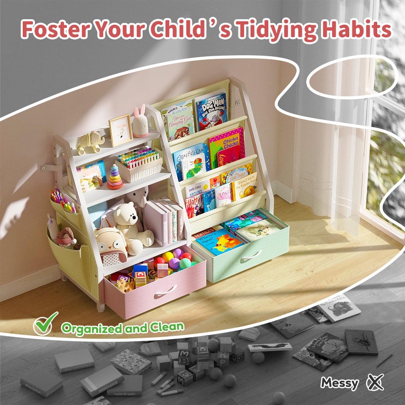 Twinkoo Kids Bookshelf and Toy Storage, Sturdy 3 Tier Kids Bookcase, Sling Bookshelf and 2 Toy Boxes, Toddler Montessori Bookshelf with Toy Organizer, for Kids Room, Game Room, Nursery - Image 5