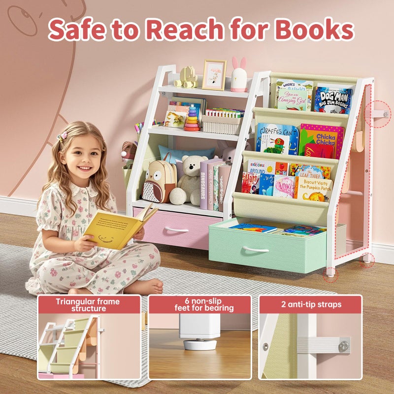 Twinkoo Kids Bookshelf and Toy Storage, Sturdy 3 Tier Kids Bookcase, Sling Bookshelf and 2 Toy Boxes, Toddler Montessori Bookshelf with Toy Organizer, for Kids Room, Game Room, Nursery - Image 3
