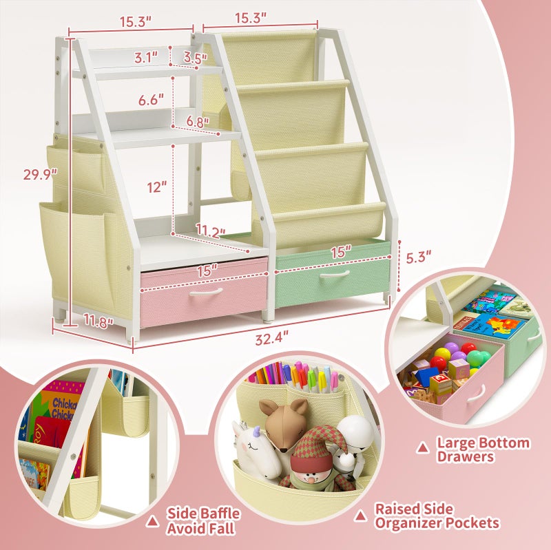 Twinkoo Kids Bookshelf and Toy Storage, Sturdy 3 Tier Kids Bookcase, Sling Bookshelf and 2 Toy Boxes, Toddler Montessori Bookshelf with Toy Organizer, for Kids Room, Game Room, Nursery - Image 2