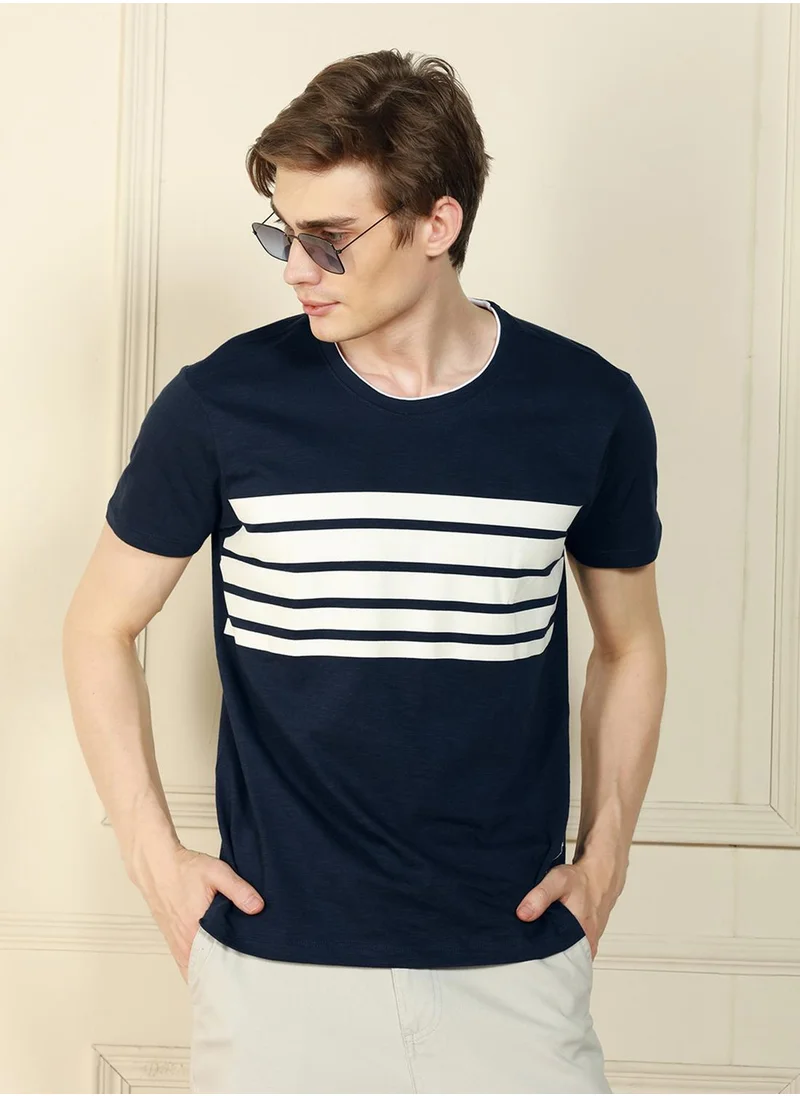 Dennis Lingo Men's Navy 100% Cotton Striped Regular Fit T-Shirt
