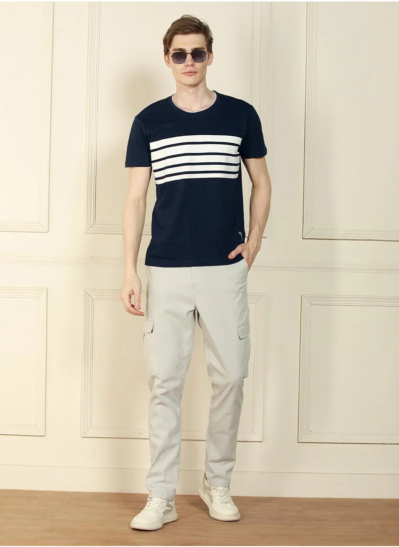 Dennis Lingo Men's Navy 100% Cotton Striped Regular Fit T-Shirt