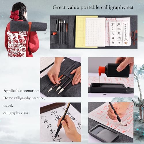 Buart 13pcs set Portable Chinese Calligraphy Set For beginner, Brush, Ink,Writing Paper, Inkstone, Sumi set with Roll-up Felt Mat For Calligraphy class - Image 4
