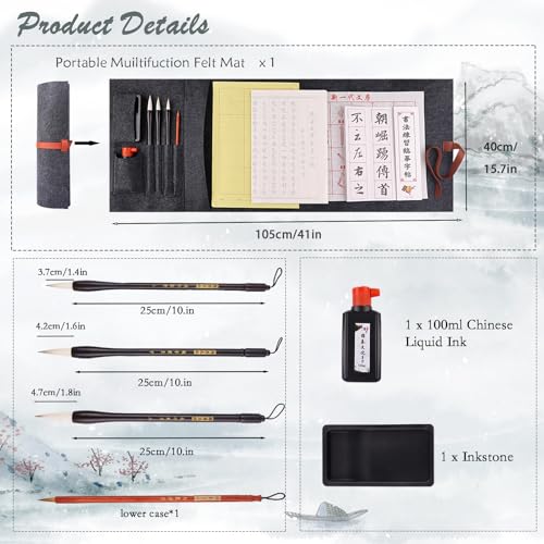 Buart 13pcs set Portable Chinese Calligraphy Set For beginner, Brush, Ink,Writing Paper, Inkstone, Sumi set with Roll-up Felt Mat For Calligraphy class - Image 2
