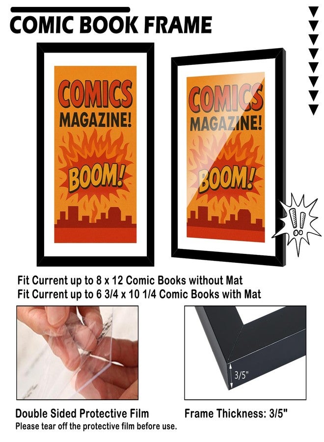 HEYTUYA 4 Pack Comic Book Frame Fits Current up to 6 3/4 x 10 1/4 Comic Book with Mat, Or 8x12 Photos Without Mat, Comic Book Display Frame with Shatter Resistant Plexiglass for Wall and Tabletop, Black - Image 2