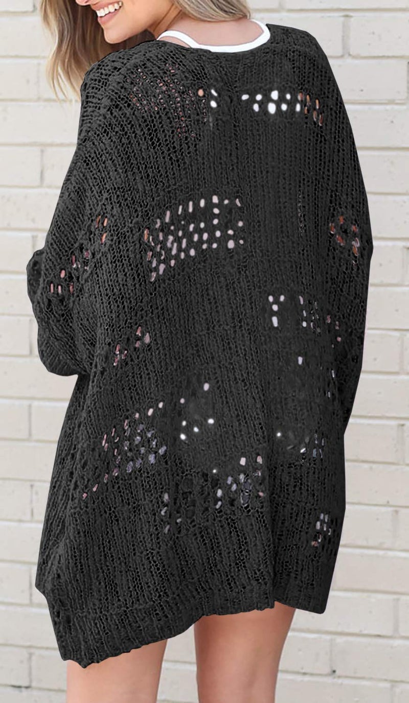 Mafulus Women's Crochet Cardigan Kimono Boho Long Sleeve Lightweight Soft Oversized Open Front Knitted Sweater Black - Image 3