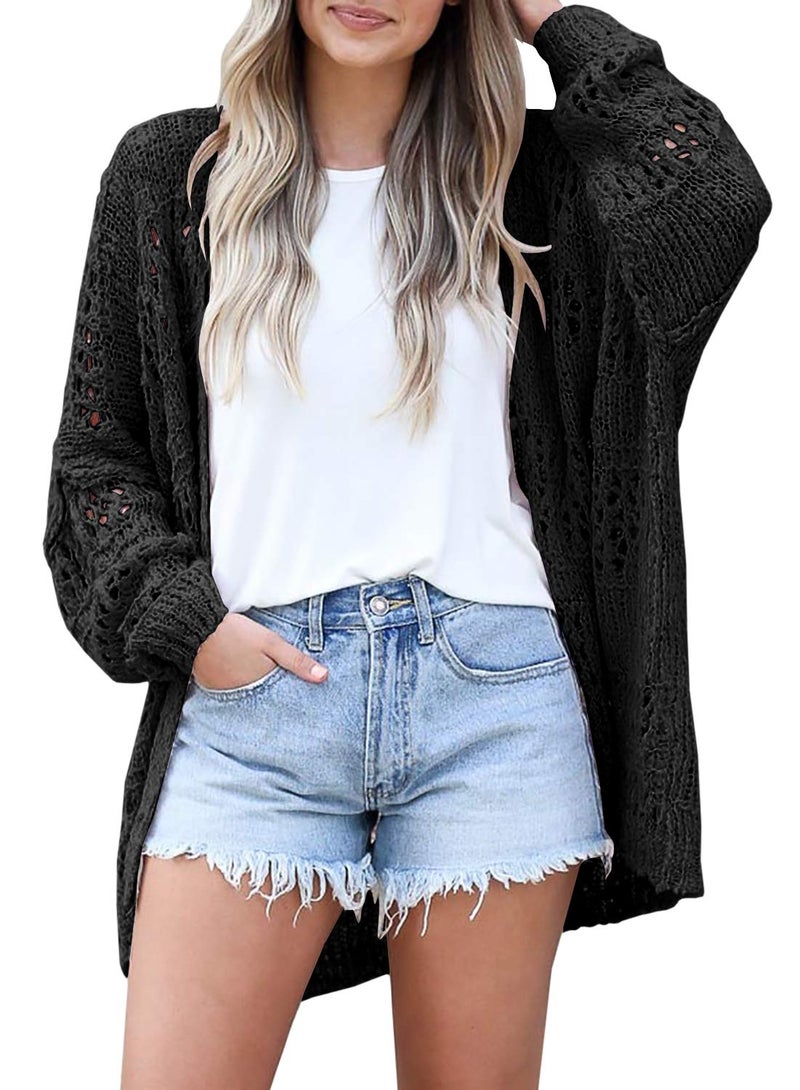 Mafulus Women's Crochet Cardigan Kimono Boho Long Sleeve Lightweight Soft Oversized Open Front Knitted Sweater Black - Image 5