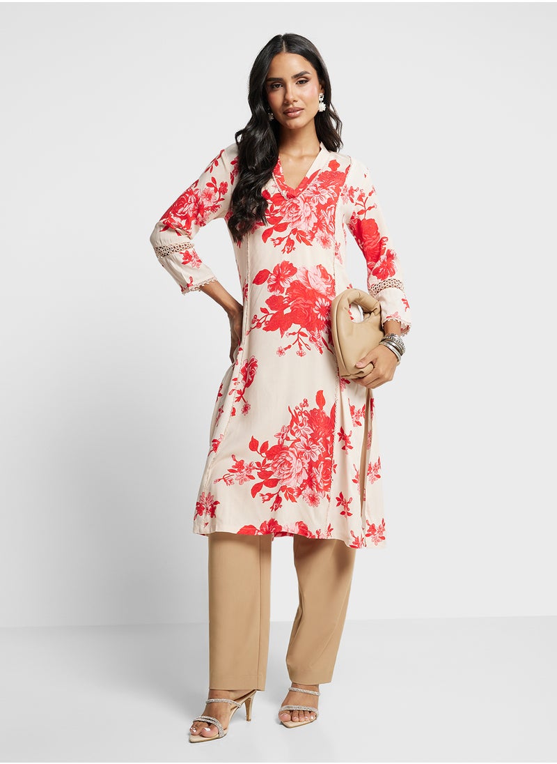 Biba - V-Neck Printed Long Kurta - Image 1