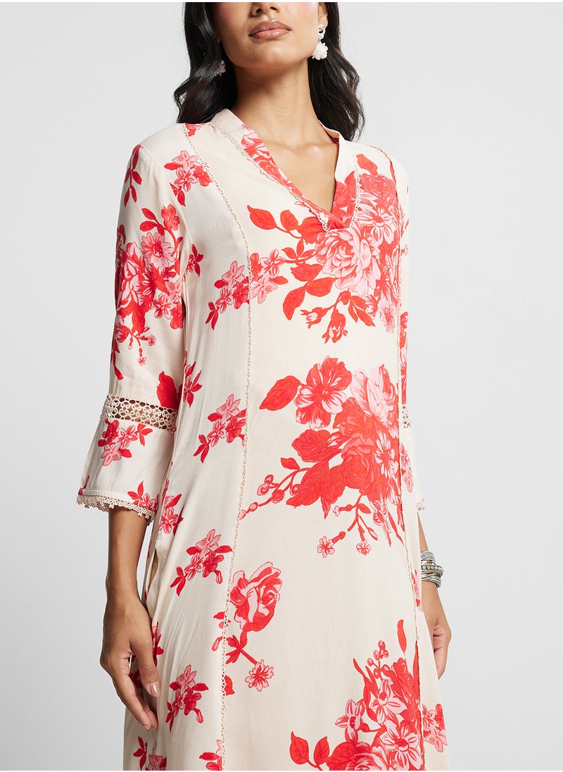 Biba - V-Neck Printed Long Kurta - Image 1