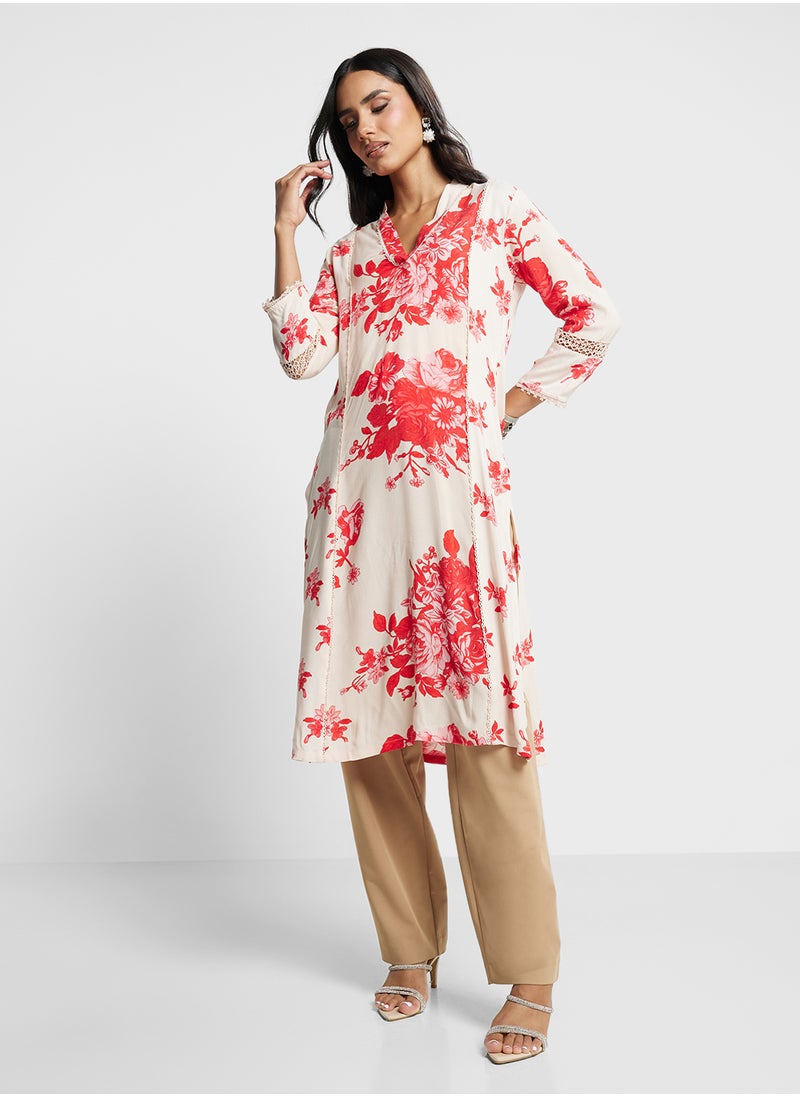 Biba - V-Neck Printed Long Kurta - Image 1