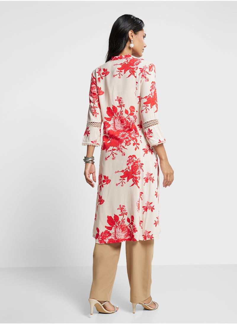 Biba - V-Neck Printed Long Kurta - Image 1