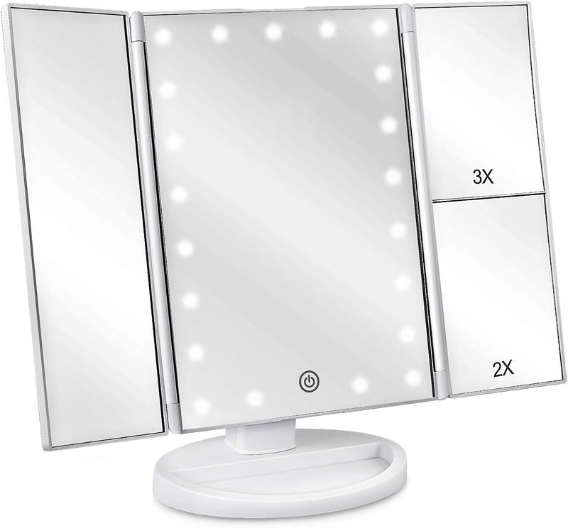 deweisn Tri-Fold Lighted Vanity Mirror with 21 LED Lights, Touch Screen and 3X/2X/1X Magnification, Two Power Supply Modes Make Up Mirror,Travel Mirror - Image 1
