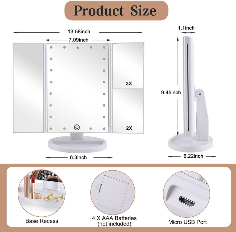 deweisn Tri-Fold Lighted Vanity Mirror with 21 LED Lights, Touch Screen and 3X/2X/1X Magnification, Two Power Supply Modes Make Up Mirror,Travel Mirror - Image 5