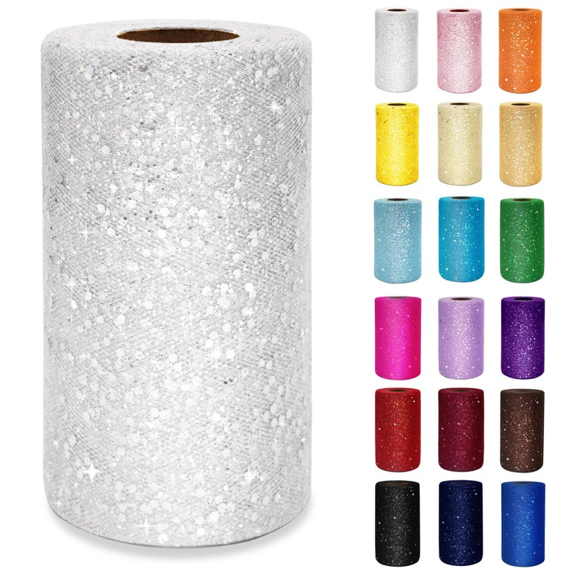 IONTACH Glitter Tulle Rolls 6 Inch by 50 Yards Sequin Tulle Fabric Ribbon for Christmas Gift Wrapping DIY Tutu Skirt Sewing Bow Wedding Decorations Halloween Craft Supplies (White-Silver) - Image 1