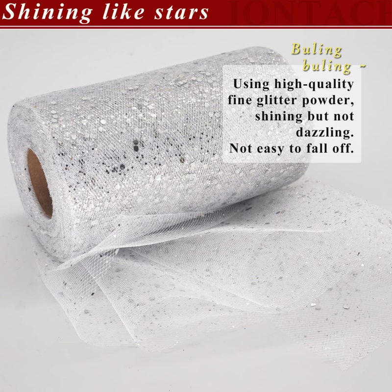 IONTACH Glitter Tulle Rolls 6 Inch by 50 Yards Sequin Tulle Fabric Ribbon for Christmas Gift Wrapping DIY Tutu Skirt Sewing Bow Wedding Decorations Halloween Craft Supplies (White-Silver) - Image 3