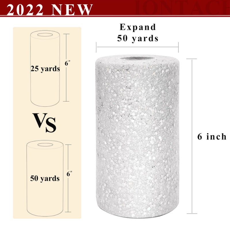 IONTACH Glitter Tulle Rolls 6 Inch by 50 Yards Sequin Tulle Fabric Ribbon for Christmas Gift Wrapping DIY Tutu Skirt Sewing Bow Wedding Decorations Halloween Craft Supplies (White-Silver) - Image 2