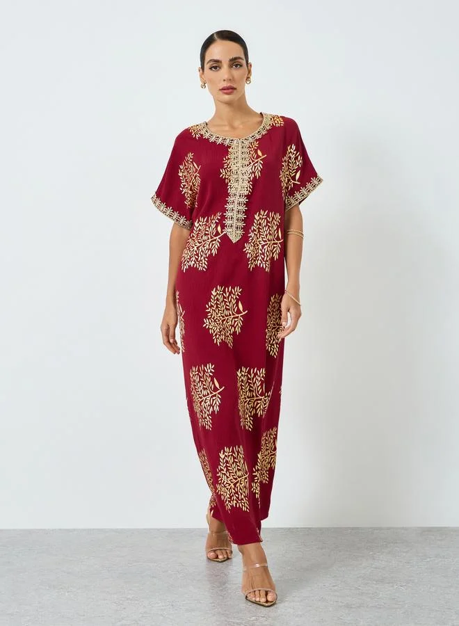 Take Two Red Women Tree Printed Golden Trim Patch Jalabiya for Women | Best Price UAE