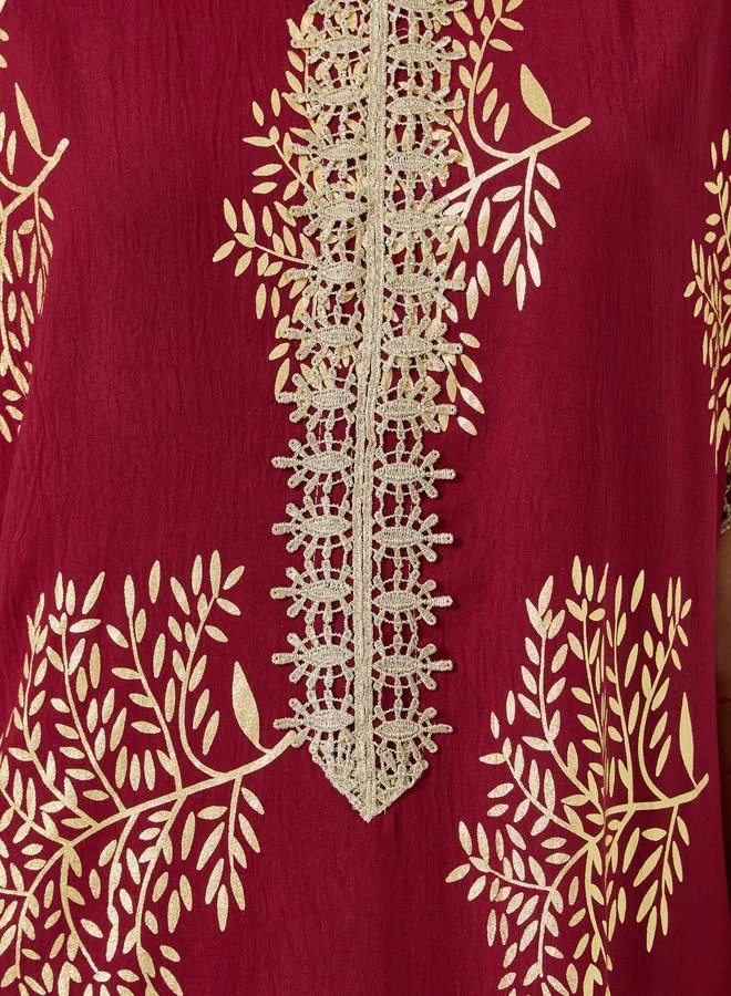 Take Two Red Women Tree Printed Golden Trim Patch Jalabiya for Women | Best Price UAE