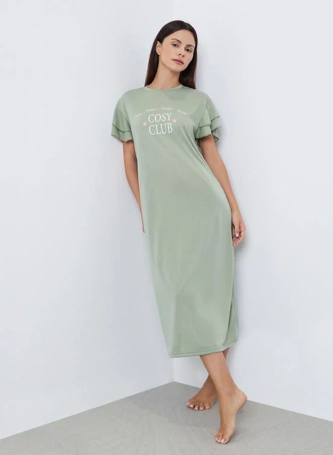 ستايلي فستان نوم تيشيرت بطبعة وأكمام كشكش