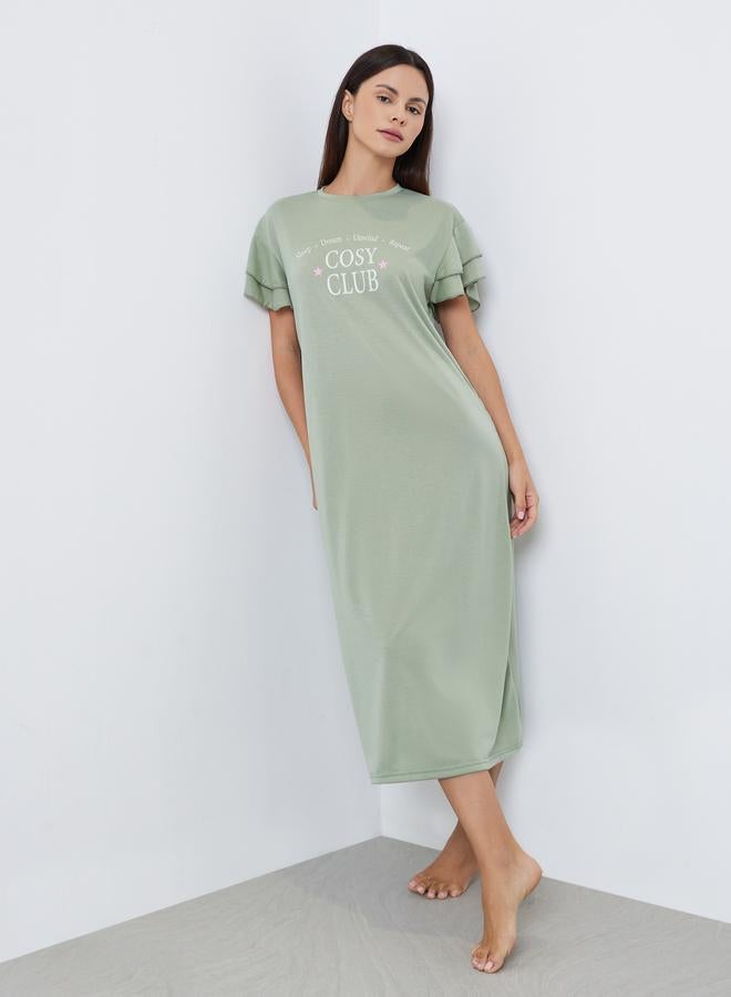 ستايلي فستان نوم تيشيرت بطبعة وأكمام كشكش - Image 1
