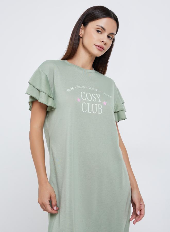 ستايلي فستان نوم تيشيرت بطبعة وأكمام كشكش - Image 2