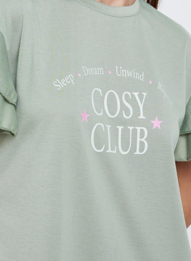 ستايلي فستان نوم تيشيرت بطبعة وأكمام كشكش - Image 3