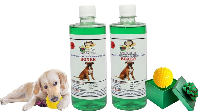 swacch Shampoo | Puppy Safe Shampoo | PH Balanced | Ditch to Itch for Boxer Dog Shampoo 500ml Pack of 2 (Neem Alovera) + Spike Ball Chew Toy Combo Pack - Image 1