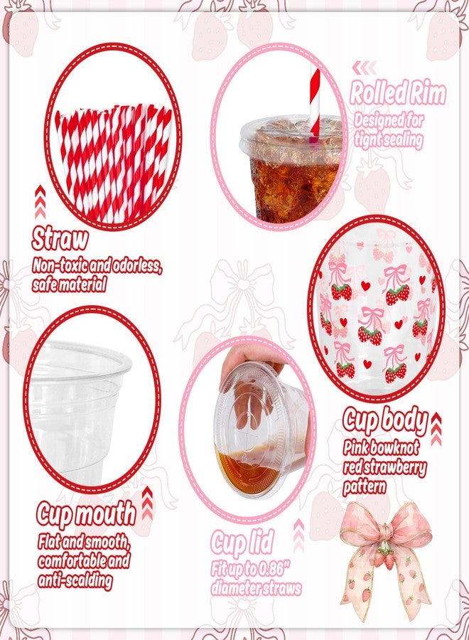 JarThenaAMCS 50Pcs Pink Bow Strawberry Disposable Plastic Cups with Lids and Straws 12Oz Cute Bowknot Strawberry Cold Beverage Drinking Cups for Summer Birthday Wedding Party Supplies - Image 3
