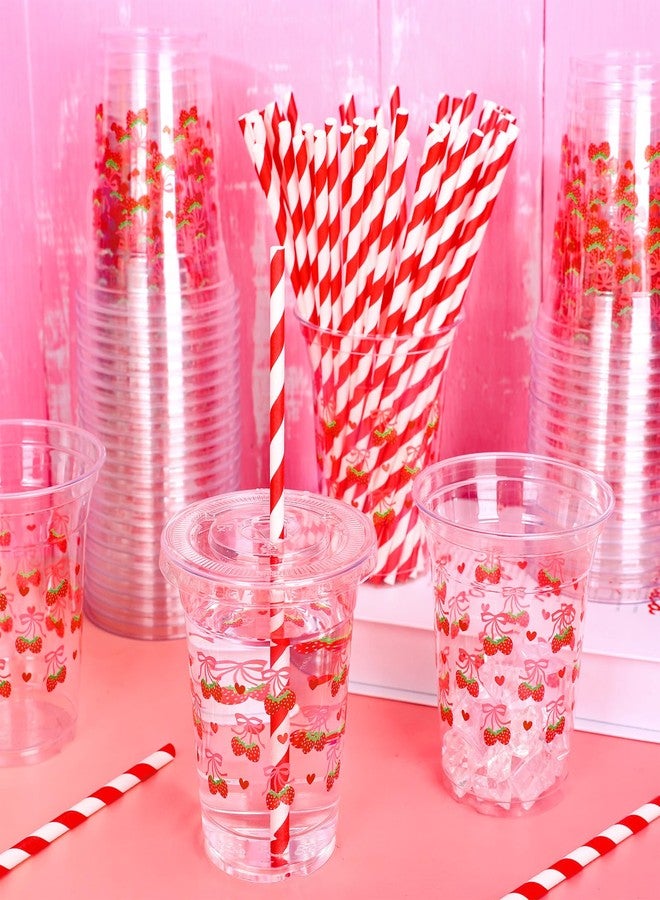 JarThenaAMCS 50Pcs Pink Bow Strawberry Disposable Plastic Cups with Lids and Straws 12Oz Cute Bowknot Strawberry Cold Beverage Drinking Cups for Summer Birthday Wedding Party Supplies - Image 5