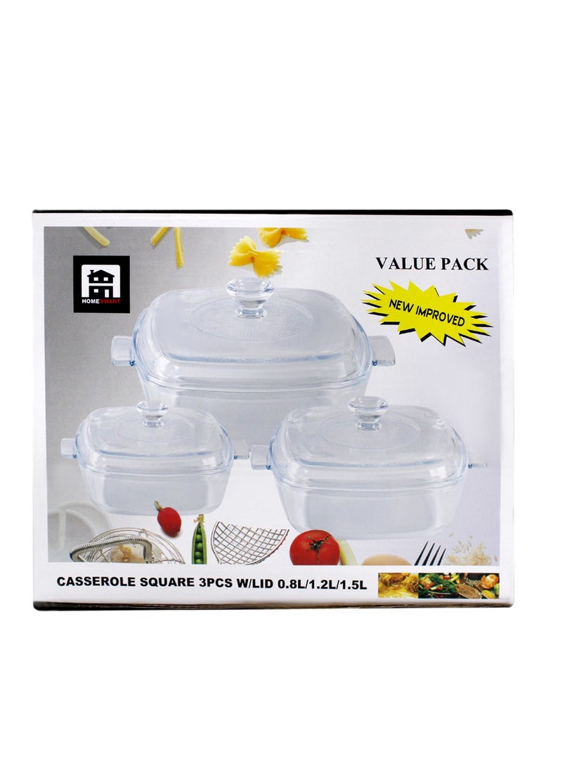 Home Smart - Home Smart Bakeware Casserole Glass Square with Lid Set of Three Small Medium Large - Image 1