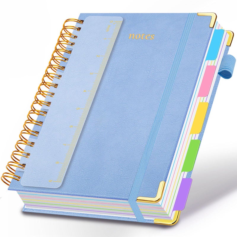 GDGDSY Hardcover Spiral Notebook 8"x10" Journal Notebook with Tabs and Removable Dividers 300 Pages 5 Subject Notebook College Ruled, Faux Leather Spiral Bound Notebook for Women School Work (Lake Blue) - Image 1