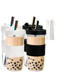 SYOSI 4 Pack 720Ml Reusable Boba Cup With Lids And Straw Iced Coffee Cups Glass Smoothie Cups Bubble Tea Cups Jar Cups With Silicone Sleeve Bpa Free Dishwasher Safe 2 Colors  - Image 1