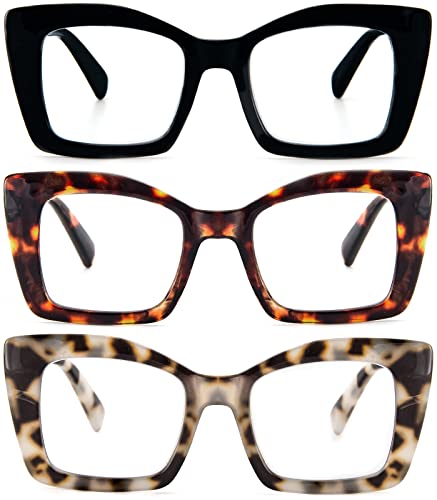 REAVEE 3 Pack Oversized Square Reading Glasses Oprah Style for Women, Blue Light Blocking Large Frame Computer Designer Fashion Readers with Spring Hinge (Black/Tortoise/Grey Tortoise,2.5) - Image 1