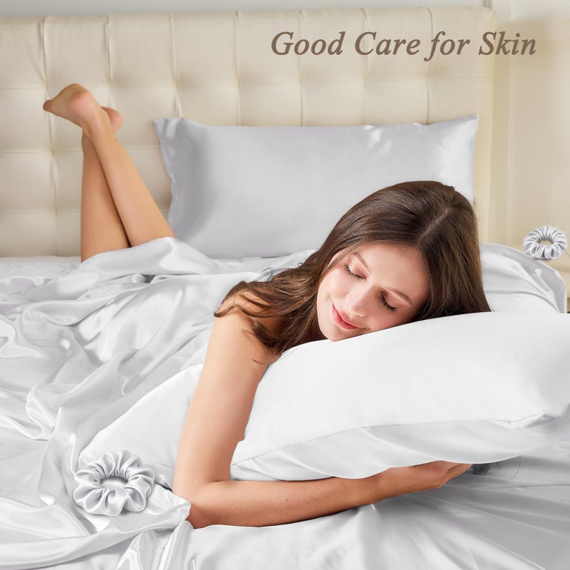 Vielit Queen Satin Pillowcase for Hair 2pc,Similar to Silk Pillow Cases,Easier Care Than Silk Pillowcase,Gifts for Women Men,White,20x30 & Envelope Closure and 2 Satin Scrunchies - Image 2