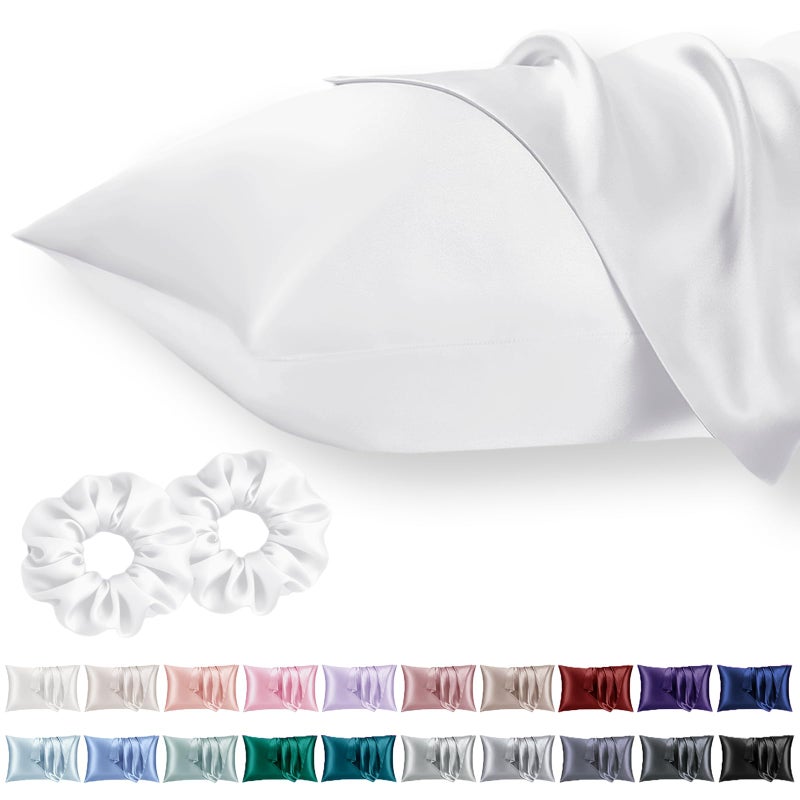 Vielit Queen Satin Pillowcase for Hair 2pc,Similar to Silk Pillow Cases,Easier Care Than Silk Pillowcase,Gifts for Women Men,White,20x30 & Envelope Closure and 2 Satin Scrunchies - Image 1