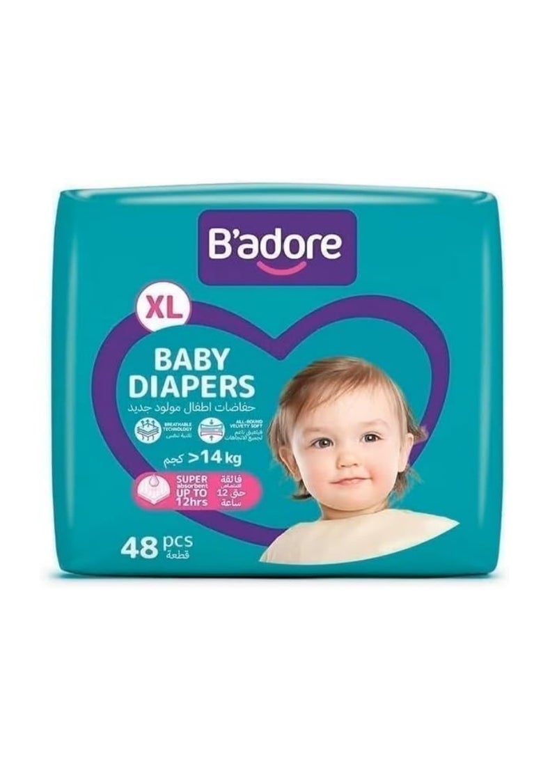 B'adore Baby Diapers, Size XL, Over 14 kg, 48 Pieces, Super Absorbent, Up to 12 Hours Protection