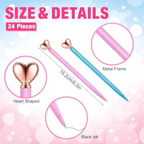 Thenshop 24 Pcs Heart Shaped Pens Retractable Metal Cute Pens 1.0 mm Black Ink Ballpoint Decorative Engagement Gifts for Mothers Day Women Wedding Bridal Shower Sleepover Party(Pink, Blue) - Image 2