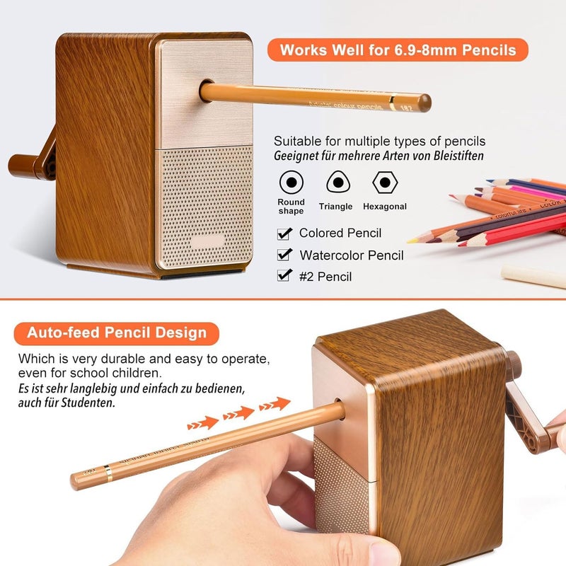 Excefore Pencil Sharpener For Kids, Manual Pencil Sharpener For 6.9-8 Mm Colored Pencils, Auto-Stop Function, Retro Pencil Sharpener For Painter, School Supplies, Classroom, Stationery For Kids Gifts (Oak) - Image 4
