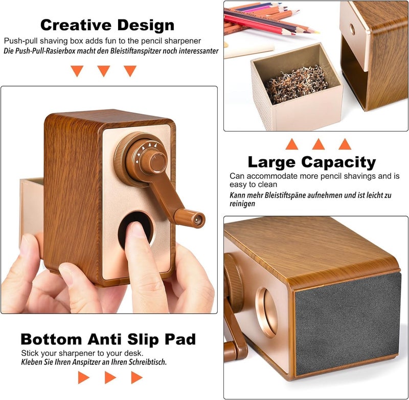 Excefore Pencil Sharpener For Kids, Manual Pencil Sharpener For 6.9-8 Mm Colored Pencils, Auto-Stop Function, Retro Pencil Sharpener For Painter, School Supplies, Classroom, Stationery For Kids Gifts (Oak) - Image 3