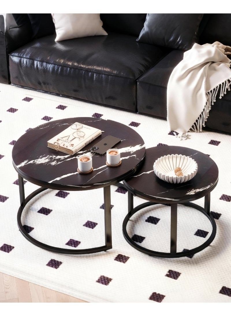 2PCS Round Nesting Coffee Tables Set, Nordic End Table Center Table Sofa Side Table for Living Room Bedroom Office, Marble-look Top with Metal Frame, 50CM+70CM - Image 1