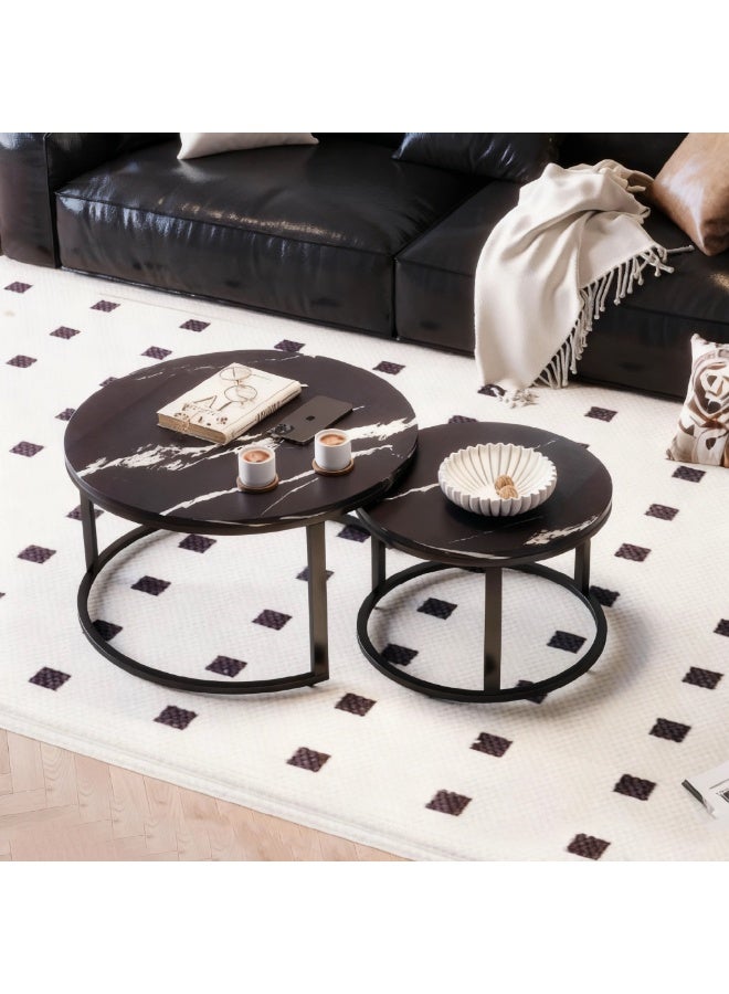 2PCS Round Nesting Coffee Tables Set, Nordic End Table Center Table Sofa Side Table for Living Room Bedroom Office, Marble-look Top with Metal Frame, 50CM+70CM - Image 3