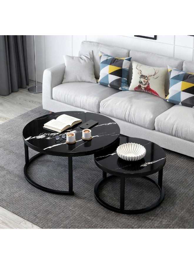 2PCS Round Nesting Coffee Tables Set, Nordic End Table Center Table Sofa Side Table for Living Room Bedroom Office, Marble-look Top with Metal Frame, 50CM+70CM - Image 4