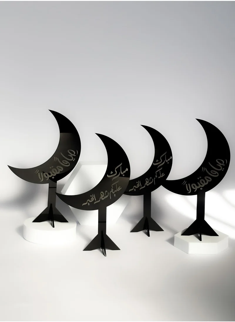 LOWHA Set of 4 Acrylic Decor Stands in Ramadan Crescent Shape Engraved with Mubarak Alaykum Shahr Alkhair and Siyaman Maqboolan Designs