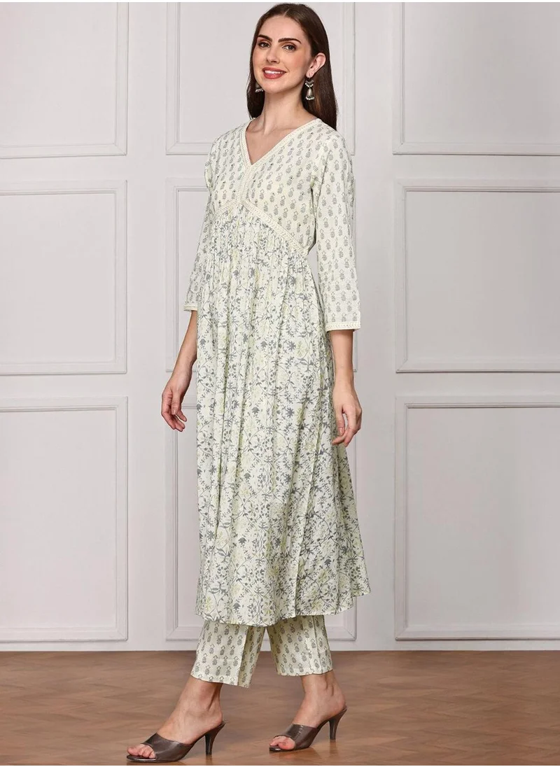 ISHIN Off White Ethnic Motifs Printed Empire Sequinned Pure Cotton Anarkali Kurta Set