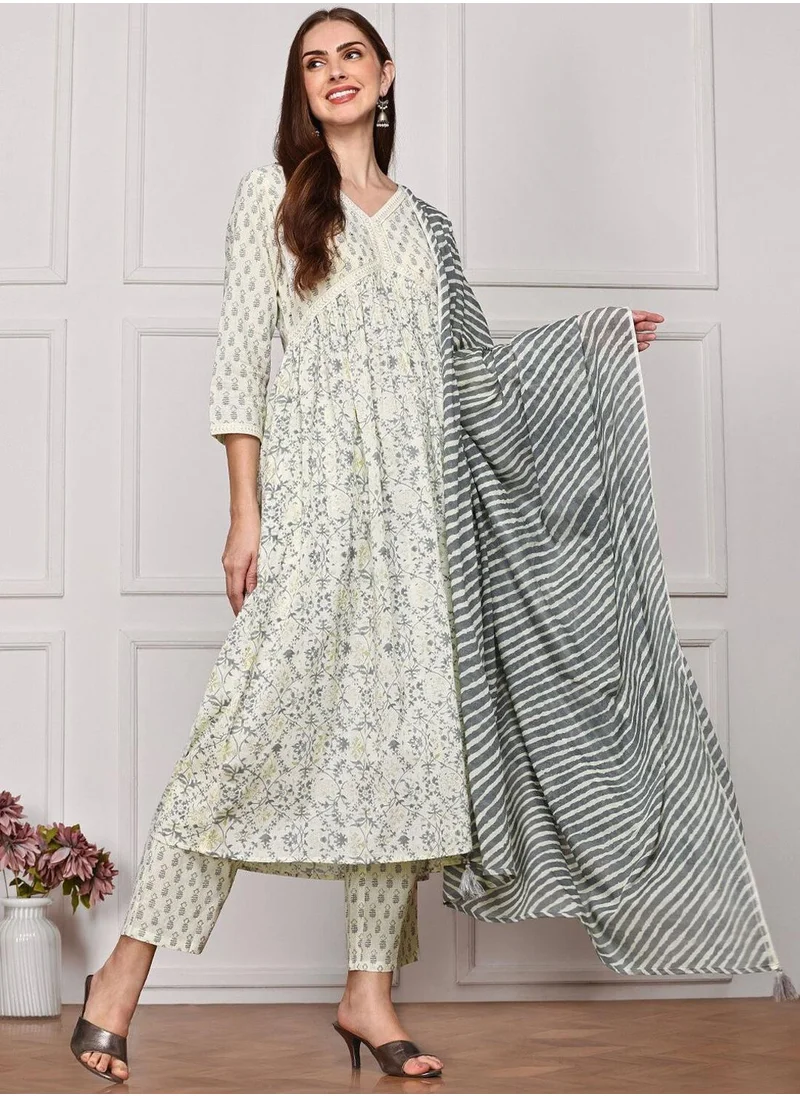 ISHIN Off White Ethnic Motifs Printed Empire Sequinned Pure Cotton Anarkali Kurta Set